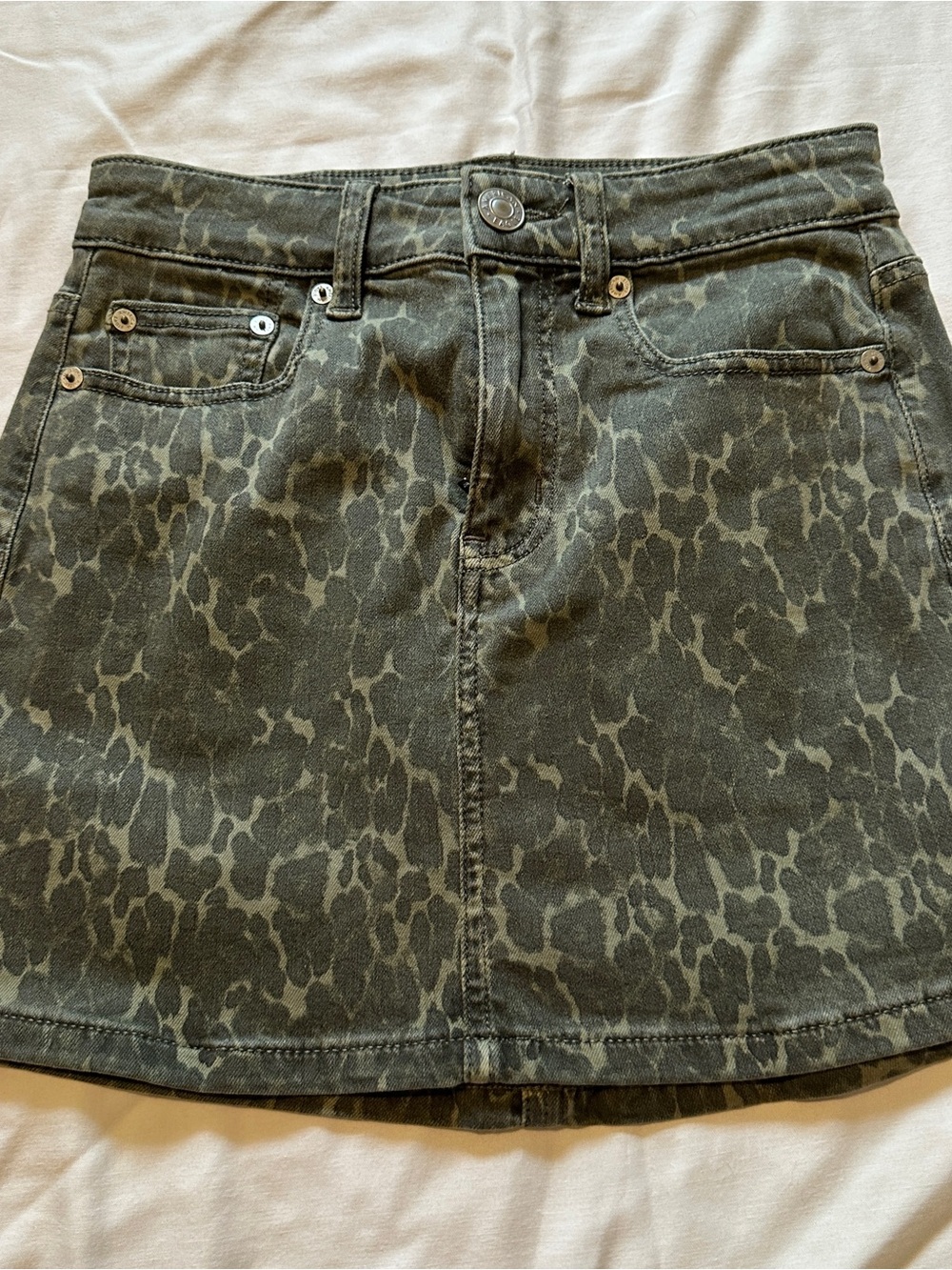 American Eagle Outfitters Olive Green Leopard Print Denim Mini Skirt
